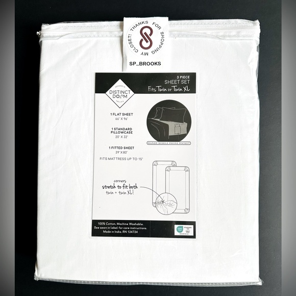 🎁Distinct Dorm Sheet Set - 3 Piece Twin / Twin XL Set - 100% Cotton - White - Picture 2 of 3